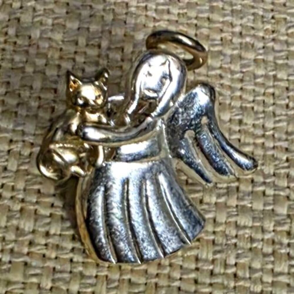Two-Tone Gold Silver Angel Holding Cat Pin Metal Religious Theme No Stone